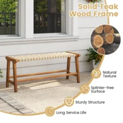 Tangkula 47" Long Teak Wood Patio Bench W/Weave Seat Solid Wood Legs Backless For Porch -Tangkula GUEST 002af4e8 de21 4bfc b2ae c8edfb284fa1