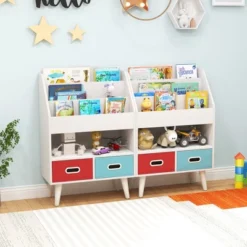 Tangkula Kids Bookshelf W/3-Tier Bookshelves Open Compartment & 2 Foldable Fabric Drawers
