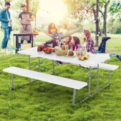 Tangkula Folding Picnic Table W/ 2 Benches 6 FT Camping Table Set W/ All-Weather HDPE Tabletop White -Tangkula GUEST 00d0617f dd99 456b be0e e8081bdc526a