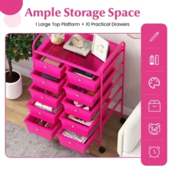 Tangkula 10 Drawers Rolling Cart Classroom Organizers Storage Cart With Wheels For Teacher Office Home School Supplies Tool Craft Hot Pink -Tangkula GUEST 015fde9f 9a60 4e2a 8869 03c78c9e2739