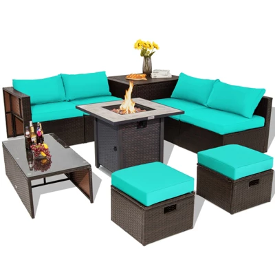 Tangkula 9 PCS Outdoor Patio Furniture Set W/ 30" Propane Fire Pit Table PE Wicker Space-Saving Sectional Sofa W/ Storage Box And Cushions Black/Gray/Navy/Red/Turquoise/Off White 16 Tangkula 9 PCS Outdoor Patio Furniture Set W/ 30" Propane Fire Pit Table PE Wicker Space-Saving Sectional Sofa W/ Storage Box And Cushions Black/Gray/Navy/Red/Turquoise/Off White - Image 14