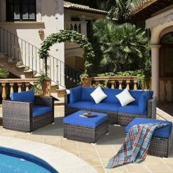 Tangkula 6PCS Rattan Patio Furniture Set Cushioned Sofa Chair Ottoman Turquoise/Red/Navy/Black/White -Tangkula GUEST 01893d3f 893d 46ff b28b b175b9491704
