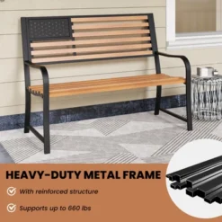 Tangkula 50” Outdoor Garden Bench 2-Person Metal Patio Chair With Flag Pattern Backrest & Rustic Wood Grain Finish -Tangkula GUEST 0227b5ac 5c08 4a04 a46c e95bb8c96bf3