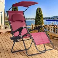 Tangkula Recling Zero Gravity Chair With Drink Tray & Sunshade, Wine
