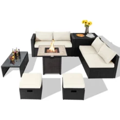 Tangkula 9 Pieces Outdoor PE Rattan Wicker Sectional Sofa With 42" Gas Fire Pit Table Space-Saving Patio Conversation Set With Storage Box Black/Grey/Navy/Red/Turquoise/Off White -Tangkula GUEST 023e5929 f84a 4957 9273 87e1a8969033