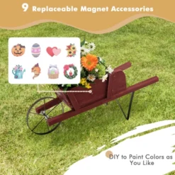 Tangkula Flower Pot Wheelbarrow Planter Solid Pine Wood Wagon Planter W/ Triangular Metal Support 2 Energy-saving Handles Movable Whee Walnut/Red -Tangkula GUEST 0290f8d0 e430 4d7b be92 0c63c03d7a1e