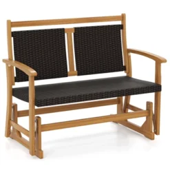 Tangkula Patio Rattan Glider Bench Swing Gliding Rocker For 2 W/ Acacia Wood Frame -Tangkula GUEST 035a5039 0d91 4dab 858d 872b3c280325