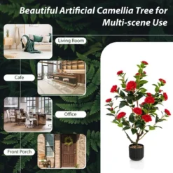 Tangkula 2-Pack 38" Artificial Camellia Tree Faux Floral Plant For Decoration Red -Tangkula GUEST 044f5c19 409e 4cdc 84c2 211404476baa
