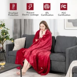 Tangkula 84" X 62" Twin Size Electric Heated Blanket, 5 Heating Levels, 10 Hours Auto Off, Cozy Flannel & Fabric, Overheat Protection Red -Tangkula GUEST 046e7bdf ef26 465f 814b b080646a30fe