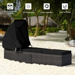 Tangkula Set Of 2 Rattan Patio Chaise Lounge Chair W/ Adjustable Canopy Black Cushion -Tangkula GUEST 04b18874 e21a 461f 961f 2a65d112584f