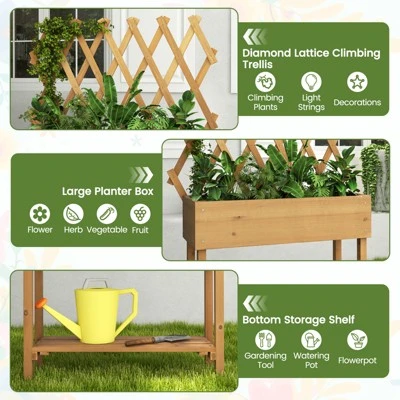 Tangkula Wooden Raised Garden Bed W/ Trellis Storage Shelf Legs Mobile Elevated Planter Box W/ Lockable Wheels Fabric Liner 7 Tangkula Wooden Raised Garden Bed W/ Trellis Storage Shelf Legs Mobile Elevated Planter Box W/ Lockable Wheels Fabric Liner - Image 5