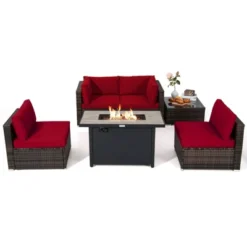 Tangkula 6 Pieces Outdoor PE Rattan Wicker Sectional Sofa With 42" 60,000 BTU Gas Fire Pit Table, Patio Conversation Set With Tempered Glass Coffee Table Black/Navy Blue/Red/Turquoise/Off White -Tangkula GUEST 05e6347f ecb7 424c b76b 54f20d867a00