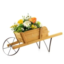 Tangkula Flower Pot Wheelbarrow Planter Solid Pine Wood Wagon Planter W/ Triangular Metal Support 2 Energy-saving Handles Movable Whee Walnut/Red -Tangkula GUEST 0688a5bb eb2c 4f57 9749 121eee250930
