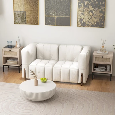 Tangkula 2PCS Rattan Nightstand Boho End Table W/ Drawer & Open Shelf For Living Room Oak 4 Tangkula 2PCS Rattan Nightstand Boho End Table W/ Drawer & Open Shelf For Living Room Oak - Image 2