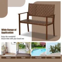 Tangkula Patio Loveseat Bench W/ Solid Rubber Wood Frame & Hand Woven PU Leather All Weather -Tangkula GUEST 076e2607 d34b 41b3 b38b 0cacac57c62e