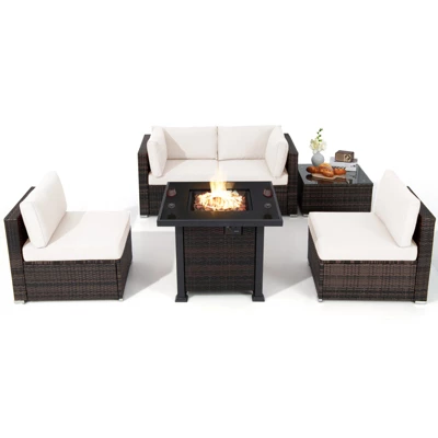 Tangkula 6 Piece Patio Wicker Conversation Set, Outdoor Rattan Sofa Set W/ 32" Propane Fire Pit Table, 50,000 BTU Heat, Tempered Glass Tabletop Black/Navy Blue/Red/Turquoise/Off White 14 Tangkula 6 Piece Patio Wicker Conversation Set, Outdoor Rattan Sofa Set W/ 32" Propane Fire Pit Table, 50,000 BTU Heat, Tempered Glass Tabletop Black/Navy Blue/Red/Turquoise/Off White - Image 12
