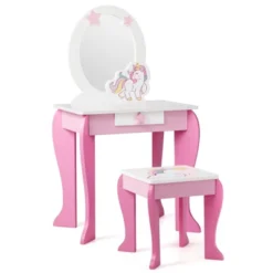 Tangkula 2-in-1 Kids Vanity Set Makeup Table & Chair Set For Toddlers W/Detachable Mirror Pink/White -Tangkula GUEST 08888b85 33fb 420a a552 fec729dac41b