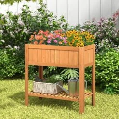 Tangkula Garden Bed Natural Solid Wood Growing Planter With Protective Liner, Elevated Planting Stand For Backyard