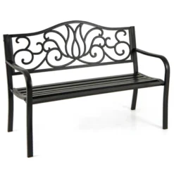 Tangkula 2-person Metal Bench W/ Floral Pattern Slanted Backrest Slatted Surface Black -Tangkula GUEST 09034350 009a 407a 8d49 857f9ff2a5d0