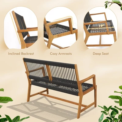 Tangkula Patio 2-Person Acacia Wood Bench All-Weather Rope Woven Outdoor Garden Natural 7 Tangkula Patio 2-Person Acacia Wood Bench All-Weather Rope Woven Outdoor Garden Natural - Image 5