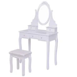 Tangkula Oval Vanity Mirror Dressing Table Beauty Dresser Cosmetics Organizer W/ Cushioned Bench