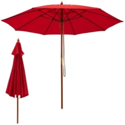 Tangkula 9.5 FT Rope Pulley Wooden Umbrella Market W/ Fiberglass Ribs Patio -Tangkula GUEST 09d21695 1aa1 4dae 8ab3 4a332f9a2a38