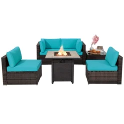 Tangkula 6 PCS Patio Wicker Furniture Set With 30" Gas Fire Pit Table 50,000 BTU Black/Red/Turquoise/Navy/White Cushions -Tangkula GUEST 0a27118f 5df0 47e2 8710 108209c9db5c