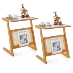 Tangkula 1pc/2pcs Z-shaped Side Table W/ Rattan Shelf Glass Top End Table W/ Magazine Rack Space-saving Sofa Side Bedside Table -Tangkula GUEST 0ab13ad0 7db9 4ce9 b658 e0461c042938