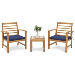 Tangkula 3PCS Furniture Set Acacia Wood Conversation Set W/ Soft Seat Cushions Outdoor