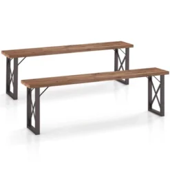 Tangkula 59" Outdoor Acacia Wood Benches Set Of 2 For 2-3 Person W/ Metal Support -Tangkula GUEST 0b04d0dc bd31 4b7d 8bda 7313615dff92