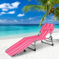 Tangkula Set Of 2 Lounge Chair Beach Chair W/ Face Arm Hole Detachable Pillow Adjustable Backrest Side Pocket Outdoor Chaise Sunbathing Chair Hot Pink