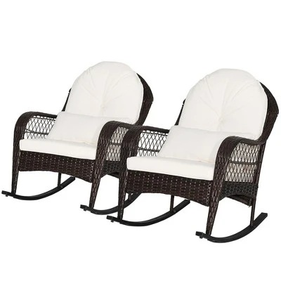 Tangkula 2PCS Patio Wicker Rocking Chair W/ White Seat Cushions & Lumbar Pillow Porch 7 Tangkula 2PCS Patio Wicker Rocking Chair W/ White Seat Cushions & Lumbar Pillow Porch - Image 5