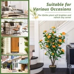 Tangkula 40" Artificial Camellia Tree Faux Flower Plant Artificial Tree In Cement Pot Greenery Potted Plant For Outdoor & Indoor Decor -Tangkula GUEST 0cb044fa 9d00 4d4c b728 85e3ad149ceb