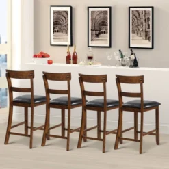 Tangkula Set Of 4 Bar Stools Vintage Wooden Dining Chair For Kitchen, Bistro Brown&Black