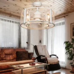 Tangkula 20" Caged Ceiling Fan W/ Light, Remote Control, Reversible Motor, 3 Speeds Adjustable, Timing Function, 4 X E12 Base (No Bulb)