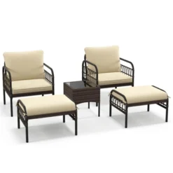 Tangkula 5PCS Wicker Furniture Set PE Rattan Chair Set W/ Ottomans & Coffee Table Patio -Tangkula GUEST 0d5129f0 17fc 41ab 8631 84115738d777
