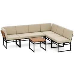 Tangkula Set Of 6 Outdoor Sectional Sofa Set Metal Conversation Set W/Cushions & Bungee Rope Seat Patio Acacia Wood Chair & Coffee Table Set -Tangkula GUEST 0e514710 b945 4a1f 9bfc ecc4c10e9145