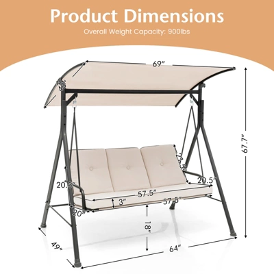 Tangkula 3PCS Hammock Chair Patio Porch Swing W/ Adjustable Canopy Removable Pads 6 Tangkula 3PCS Hammock Chair Patio Porch Swing W/ Adjustable Canopy Removable Pads - Image 4