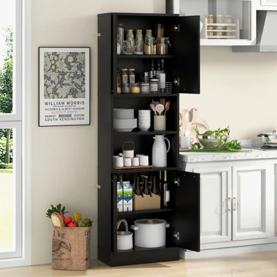 Tangkula Kitchen Pantry Cabinet 75” Tall Freestanding Cupboard With Doors & Shelves Safety Hinges & Anti-tipping Devices Black/White 3 Tangkula Kitchen Pantry Cabinet 75” Tall Freestanding Cupboard With Doors & Shelves Safety Hinges & Anti-tipping Devices Black/White