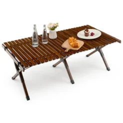 Tangkula Folding Wooden Camping Table Portable Picnic Table W/ Carry Bag Roll-up Bamboo Tabletop Outdoor Travel Camping Table Natural/Coffee -Tangkula GUEST 1011fdf6 155b 4aa9 bff5 320f2e3a5d38