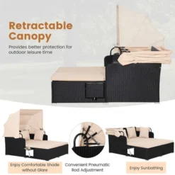 Tangkula Outdoor Wicker Lounge Daybed Hand-Woven PE Rattan Patio Loveseat Sofa Set With Retractable Canopy & 2 Side Tables With Soft Cushions Beige -Tangkula GUEST 11641b18 bbd5 49f1 b815 799fa3bdac73