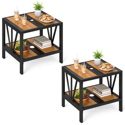 Tangkula 2PCS Outdoor Side Table 2-Tier Coffee End Table W/ 1.57" Umbrella Hole Storage Shelf 12 Tangkula 2PCS Outdoor Side Table 2-Tier Coffee End Table W/ 1.57" Umbrella Hole Storage Shelf - Image 10