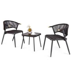 Tangkula Set Of 3 Rattan Furniture Set Quick Dry Foam Padded Chairs W/Tempered Glass Tabletop Wicker Seat & Rope Woven Back Black