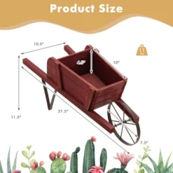 Tangkula Flower Pot Wheelbarrow Planter Solid Pine Wood Wagon Planter W/ Triangular Metal Support 2 Energy-saving Handles Movable Whee Walnut/Red -Tangkula GUEST 13f24a5d d384 4ded 9cad 6f4e46b5d7f1