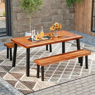 Tangkula Outdoor Acacia Wood Benches Set Of 2 W/ Slatted Top & Flared Metal Legs 4 Tangkula Outdoor Acacia Wood Benches Set Of 2 W/ Slatted Top & Flared Metal Legs - Image 2