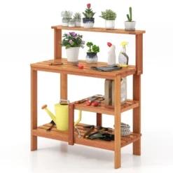Tangkula Outdoor Potting Bench Table W/Open Shelves Teak Oil Finish Gardening Workstation -Tangkula GUEST 156d15e2 4dbf 4ed7 8fde 172c05ebc181