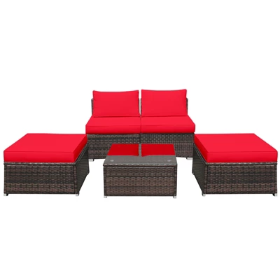 Tangkula 5-Piece Outdoor Rattan Wicker Sofa Set Lounge Chair With Red Cushions 8 Tangkula 5-Piece Outdoor Rattan Wicker Sofa Set Lounge Chair With Red Cushions - Image 6