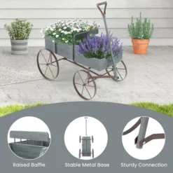 Tangkula Tangkula Wooden Garden Flower Planter Wagon Plant Bed W/ Wheel Garden Yard Gray -Tangkula GUEST 164d3aa9 01ad 4d47 b29e fda3e42d5352