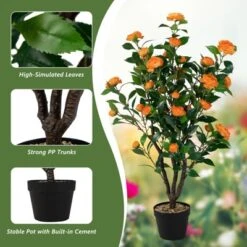 Tangkula 40" Artificial Camellia Tree Faux Flower Plant Artificial Tree In Cement Pot Greenery Potted Plant For Outdoor & Indoor Decor -Tangkula GUEST 16d77865 ce19 4d9a b707 3c32e44ca9f7