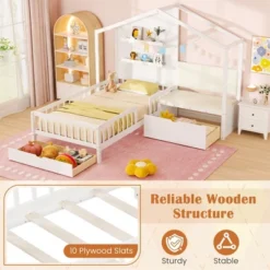 Tangkula Twin Size House Bed Kids Platform Bed W/ Padded Bench & Floating Shelves -Tangkula GUEST 17295be7 bfb2 4aa2 8ca1 ec66ed2bf8e2